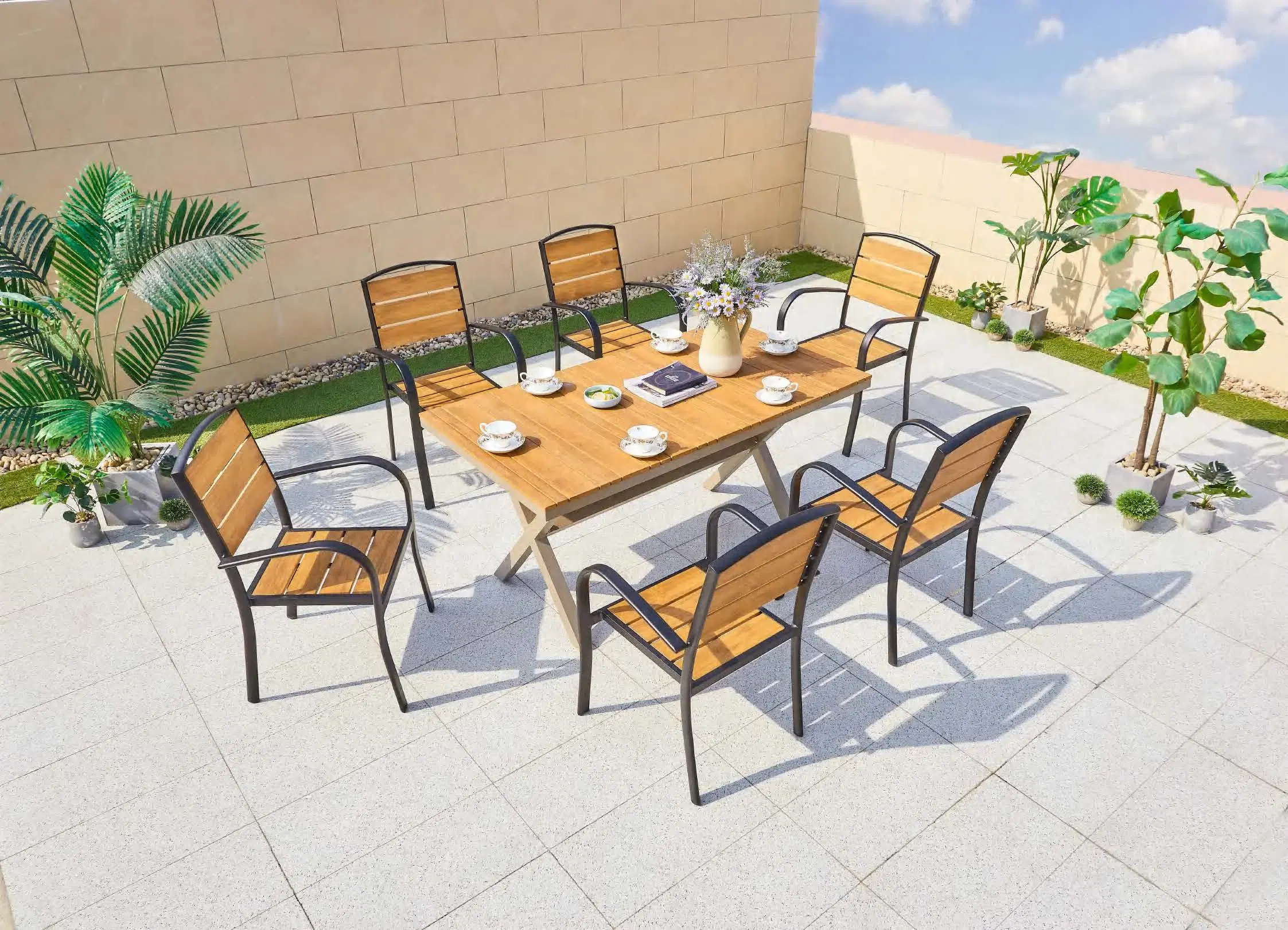 Outdoor Plastic Wood Table and Chair Household Table and Chair Balcony Courtyard Leisure Iron Art Tea Table Coffee Shop to Negotiate Furniture Combination