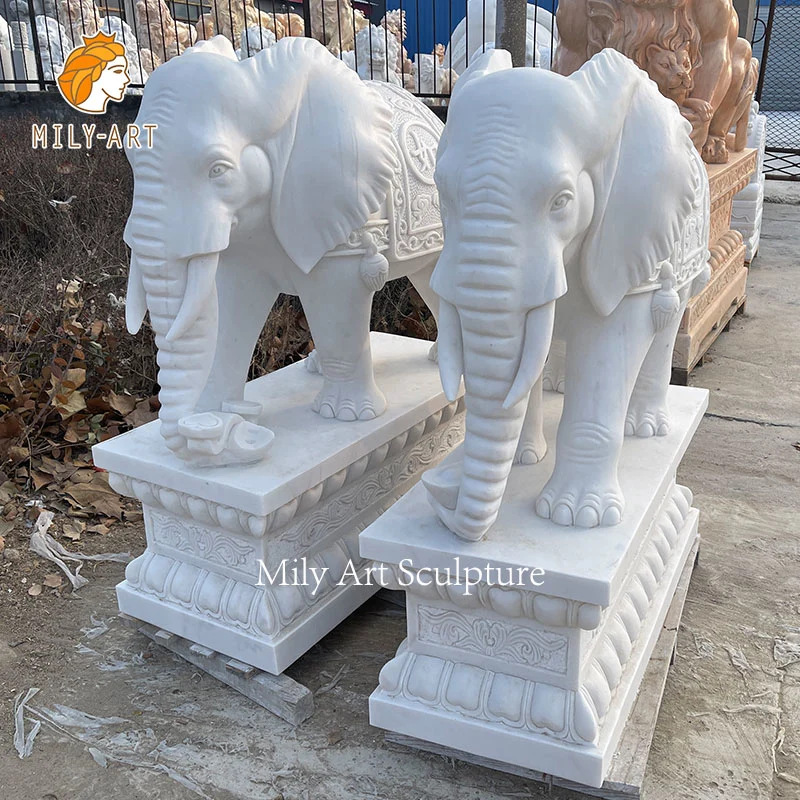 Customized White Marble Elephant Decorated Statues for Sale