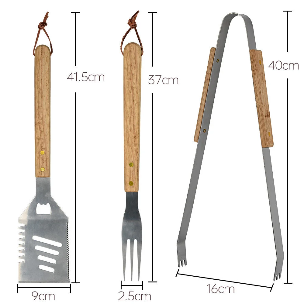 Reforçar atacado 3 PEÇAS Aço inoxidável Churrasco grelhar Acessórios churrasqueira Ferramentas Conjunto com cabo de madeira