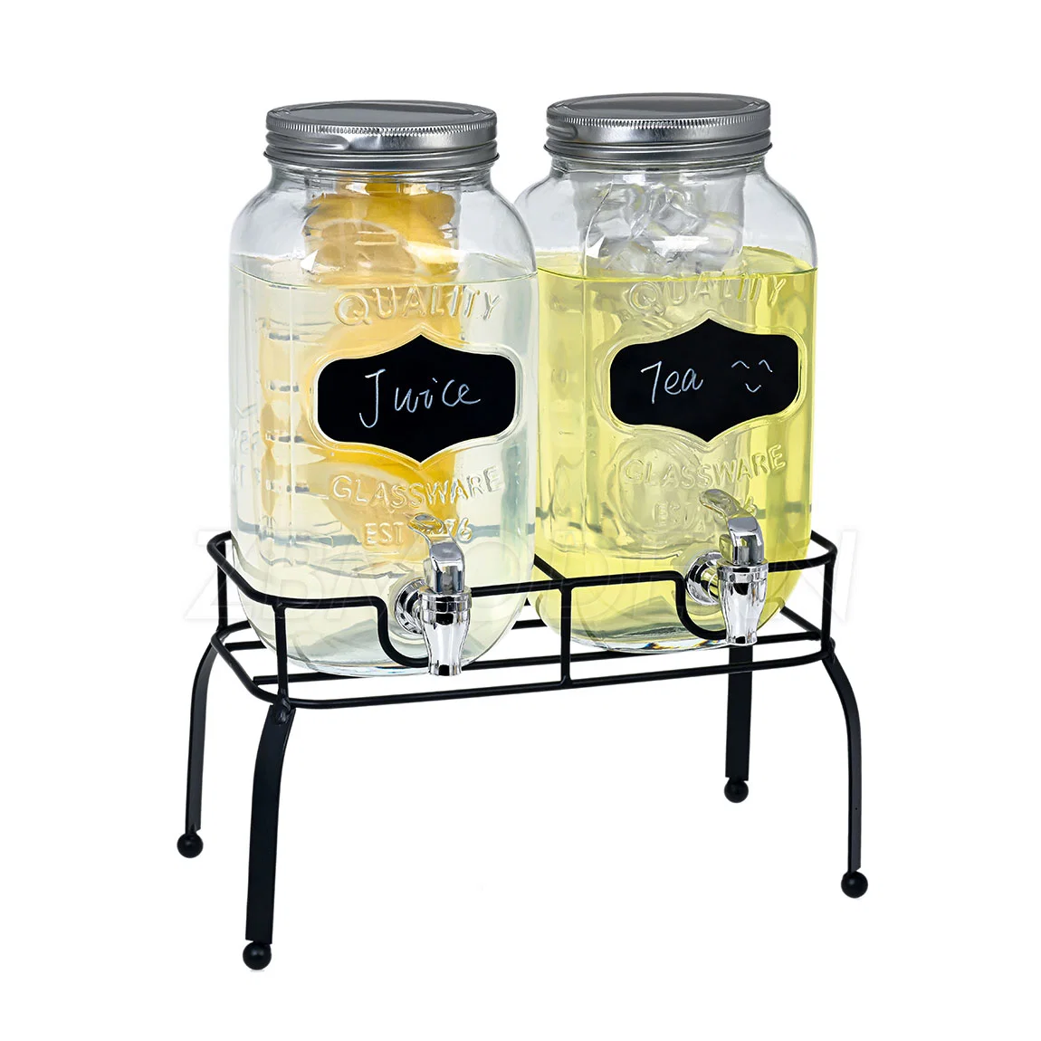 Set of 2 1 Gallon Clear Glass Mason Jar Big Volume Juice Glass Drink Beverage Dispenser with Tap and Metal Stainless Stand