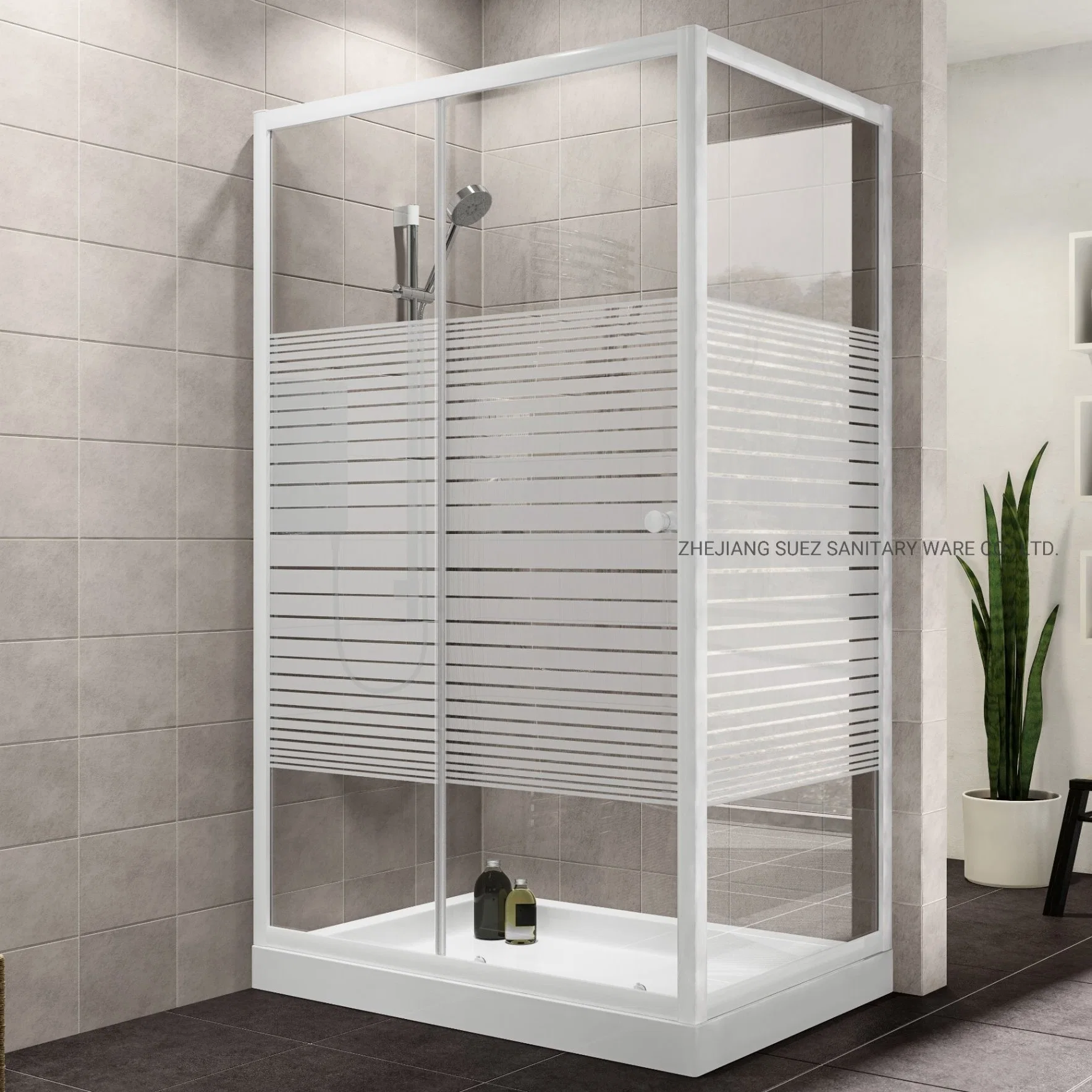 Square Simple Shower Room with White Stripes Tempered Glass