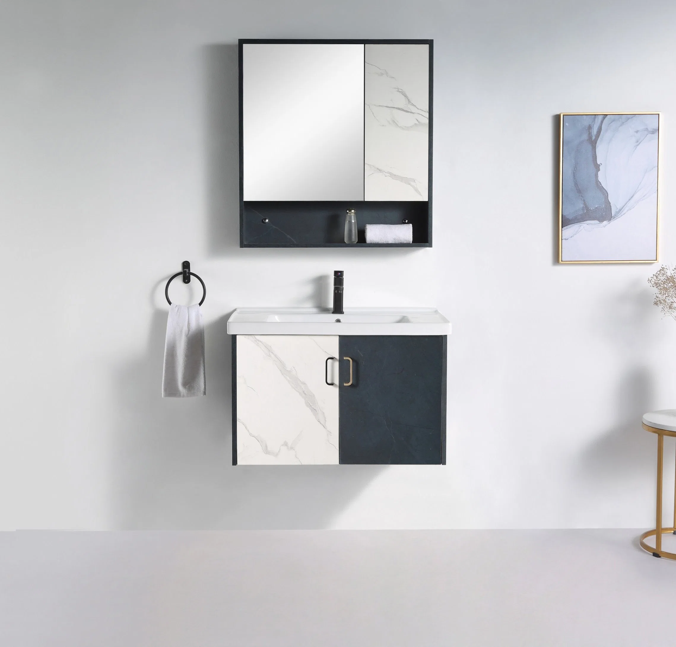 Sanitary Ware Light Luxury Bathroom Cabinet Blue Color Wooden Furniture Vanity Ceramic Basin Sink Equipment