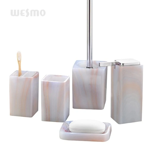 Square Polyresin Bathroom Accessory Set with a Movable Plastic Bottle Inside