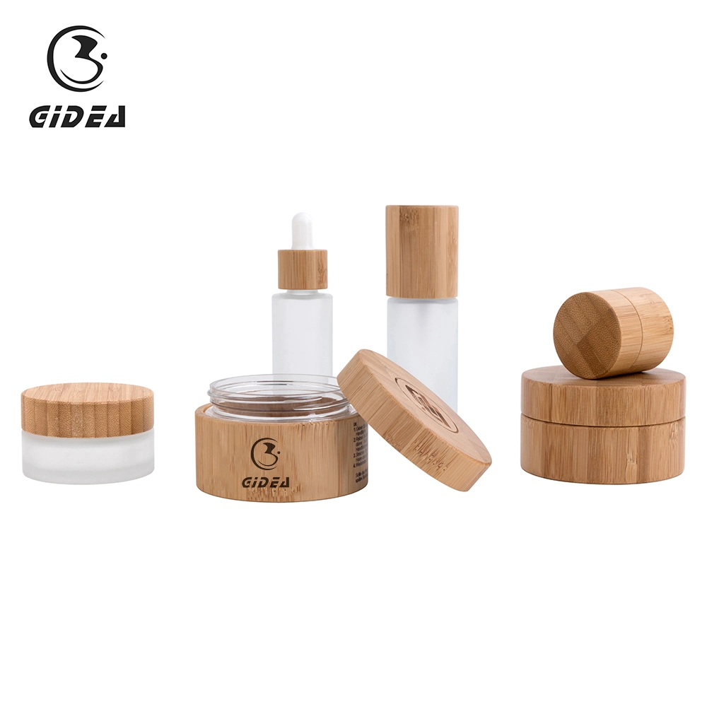 Embalagem cosmética de bambu para frascos e garrafas de cuidados com a pele por atacado.