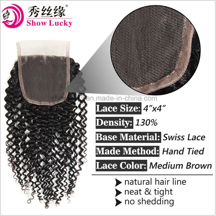 Processional Supply 150% Density 4*4 Top Lace Closure Kinky Curly Remy Indian Human Hair