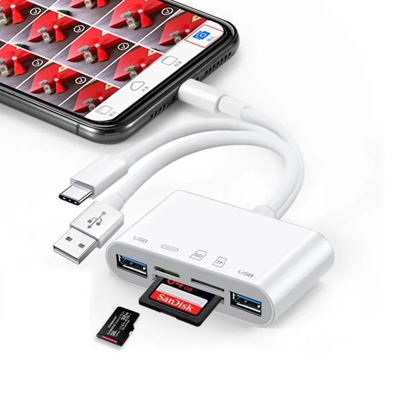 5-in-1 Card Reader with Micro-SD&SD Slots for iPhone/iPad/Android/USB C & a Devices