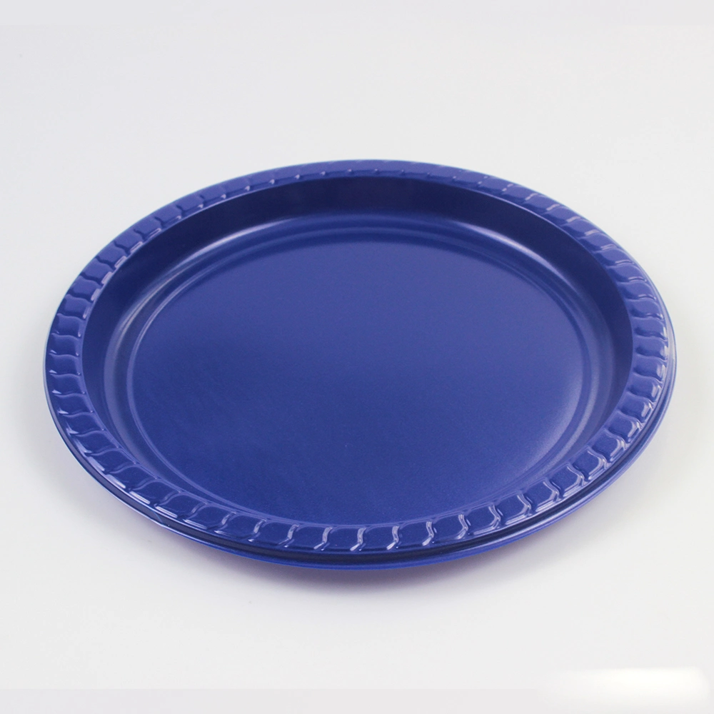 Vente chaude en gros d'assiettes rondes en plastique jetables PS de couleur bleue pour une fête ou un dîner