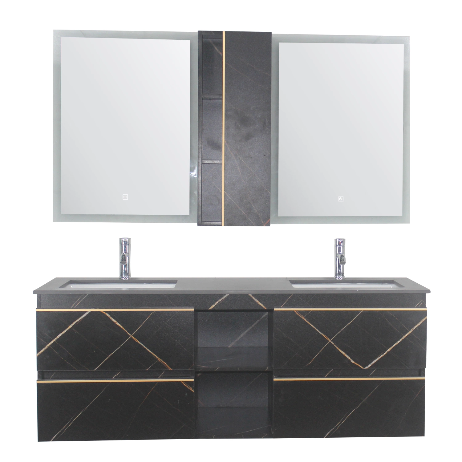 2023 New Arrival Modern Gray Sintered Stone Bathroom Vanity LED Mirror Cabinet Combo