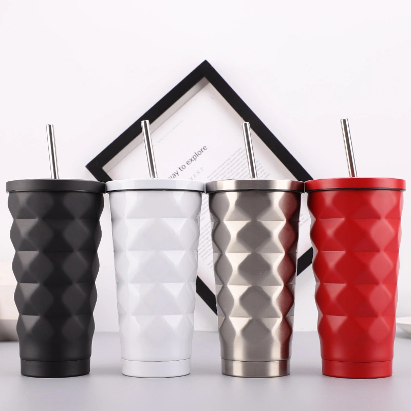 Factory Customized Fashion Design Stainless Steel Insulated Tumbler Coffee Mug Handheld Gradient Diamond Ice Cup with Straw