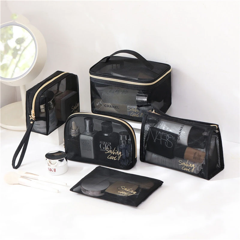 Wholesale Mesh Cosmetic Bag Custom Zipper Toiletry Kits Bulk Storage Pouch Black Mesh Makeup Bag