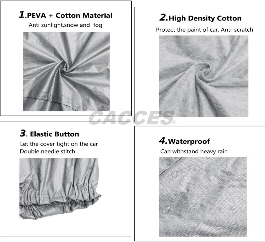 6 طبقات غطاء سيارة PEVA مقاوم للمياه جميع أحوال الطقس Cacces المصنع بالجملة لسدان، SUV، MPV، يغطي الدراجة النارية XS/S/M/L/XL/XXL المضادة للأشعة فوق البنفسجية، الخدش، المطر الثلج الغبار الأحد