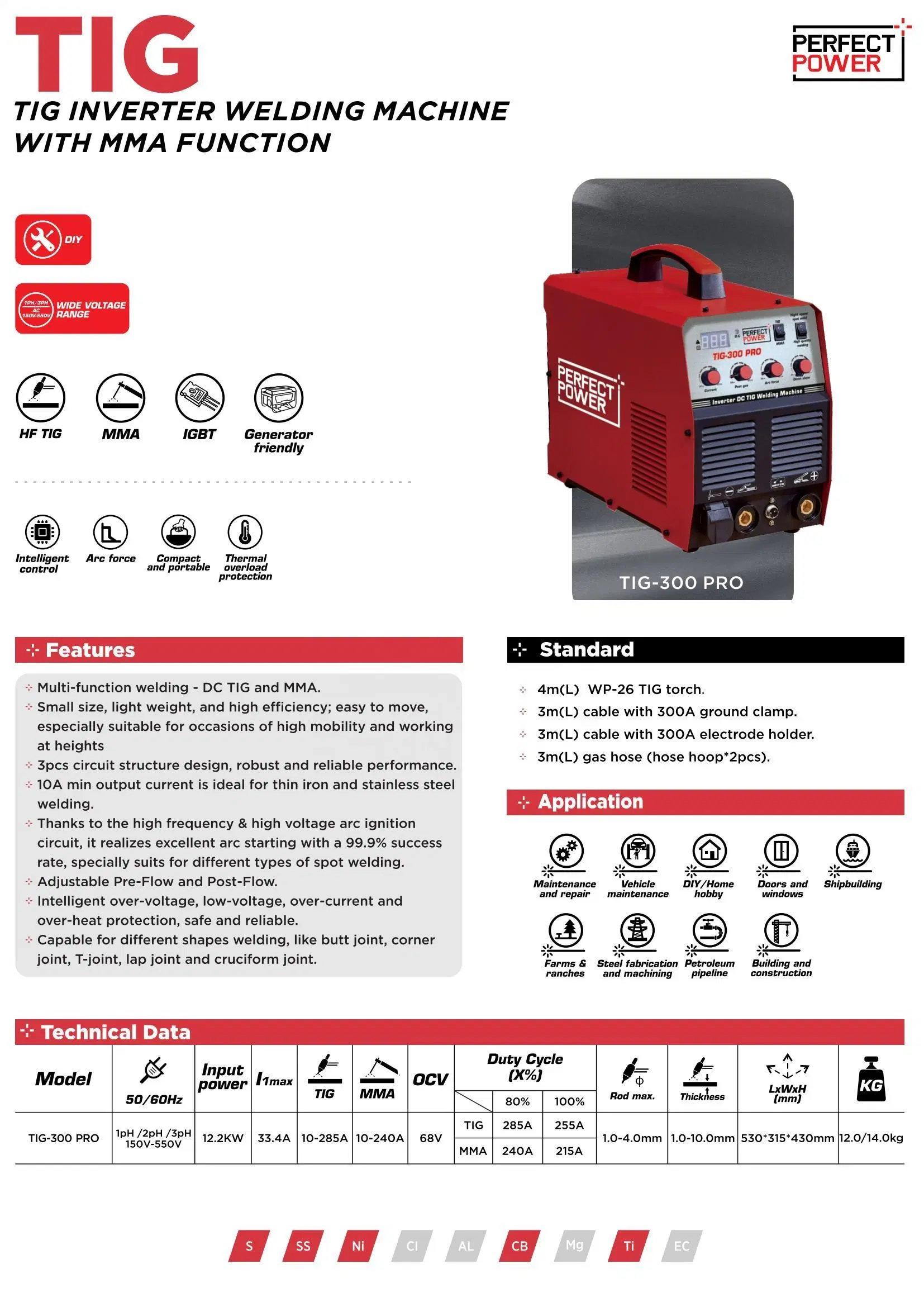 Wide Voltage TIG Welders DC TIG MMA Welding Machines Portable TIG Welder IGBT Inverter TIG-300 PRO 150V-550V Welding