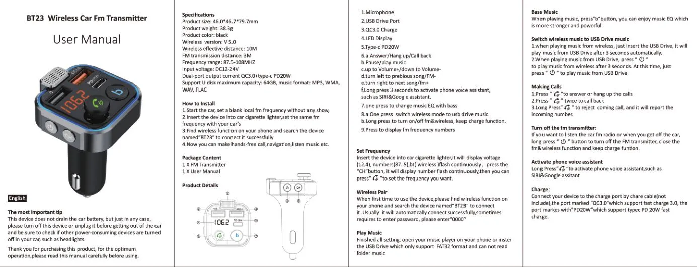 Bt23L FM Transmitter in-Car Adapter Wireless Wireless 5.0 Radio Car FM Kit Type-C Pd 20W W QC3.0 Fast USB Charger