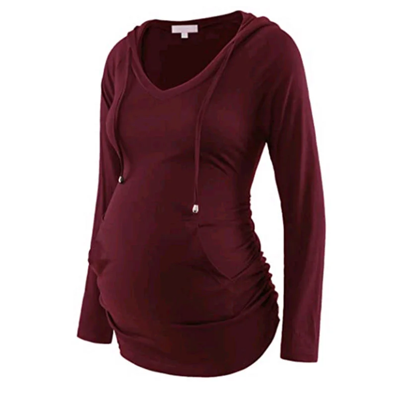 Autumn Maternity Fall Clothes V-Neck Long-Sleeved Pregnant Woman T-Shirt Maternity Clothes with Hooded