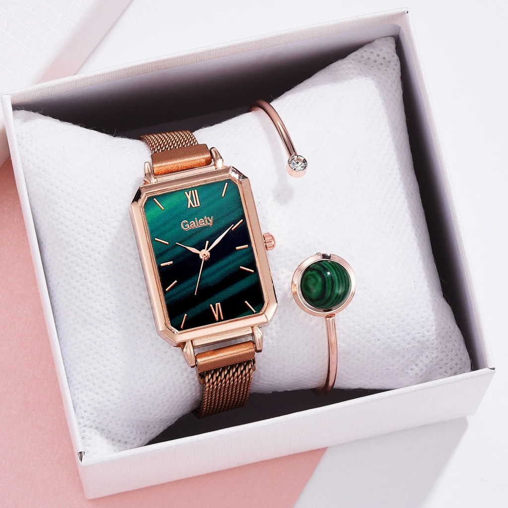 Brand Women Watches Fashion Square Ladies Quartz Watch Bracelet Set Green Dial Simple Rose Gold Mesh Luxury Women Watches