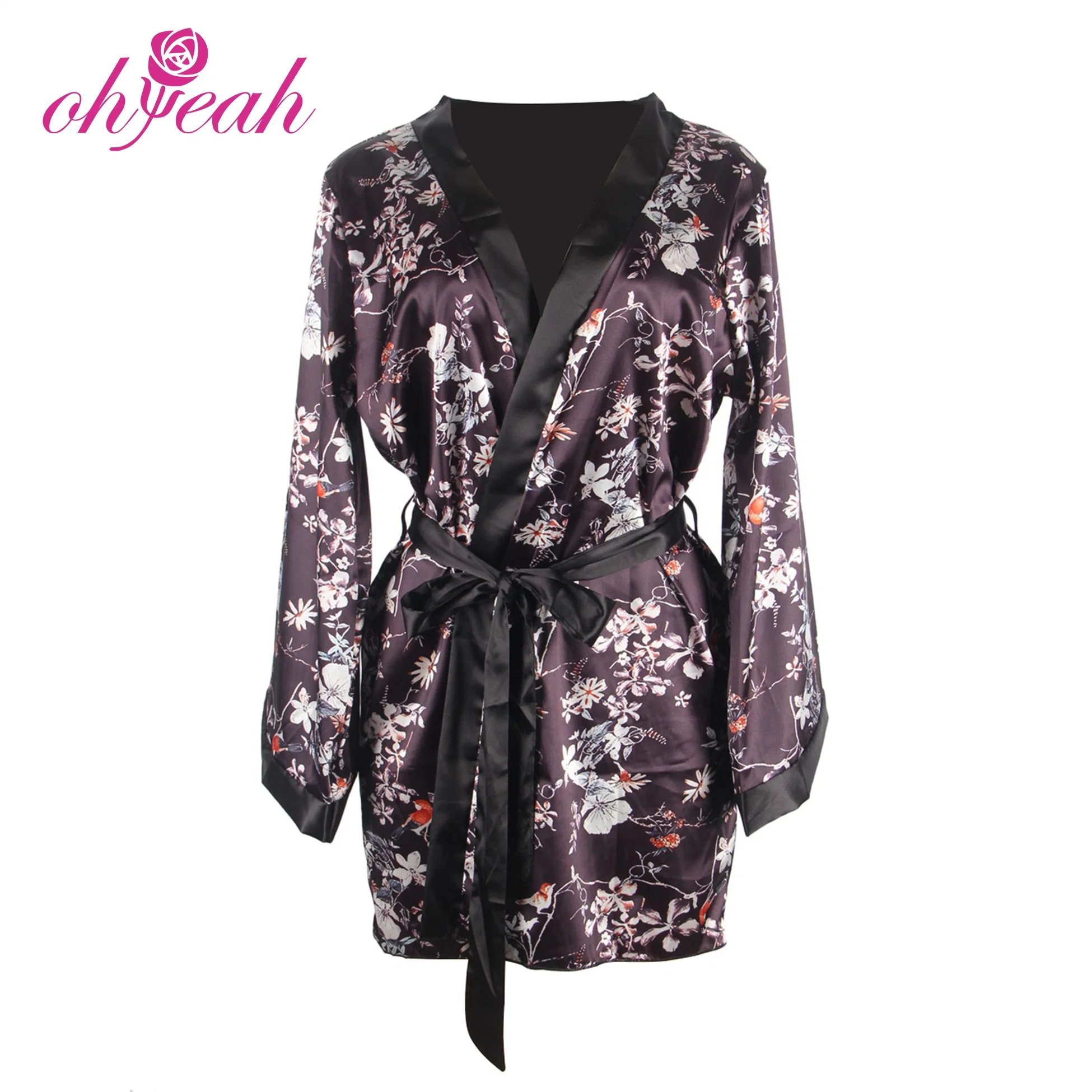 Hot Romantic Black Printing Silk Long Sleeves Luxury Sleepwear with Thong