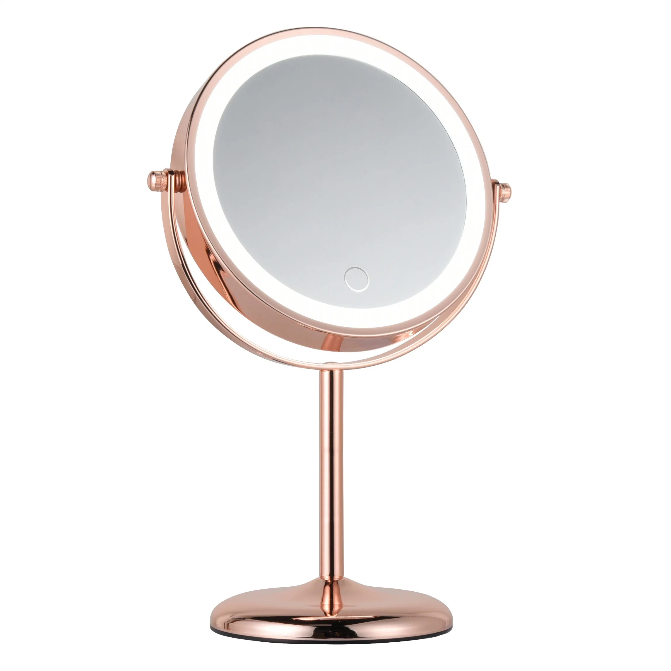 Customized 1X/5X Rechargeable 7 Inch Three-Color Adjustable Round Table Metal LED Makeup Mirror