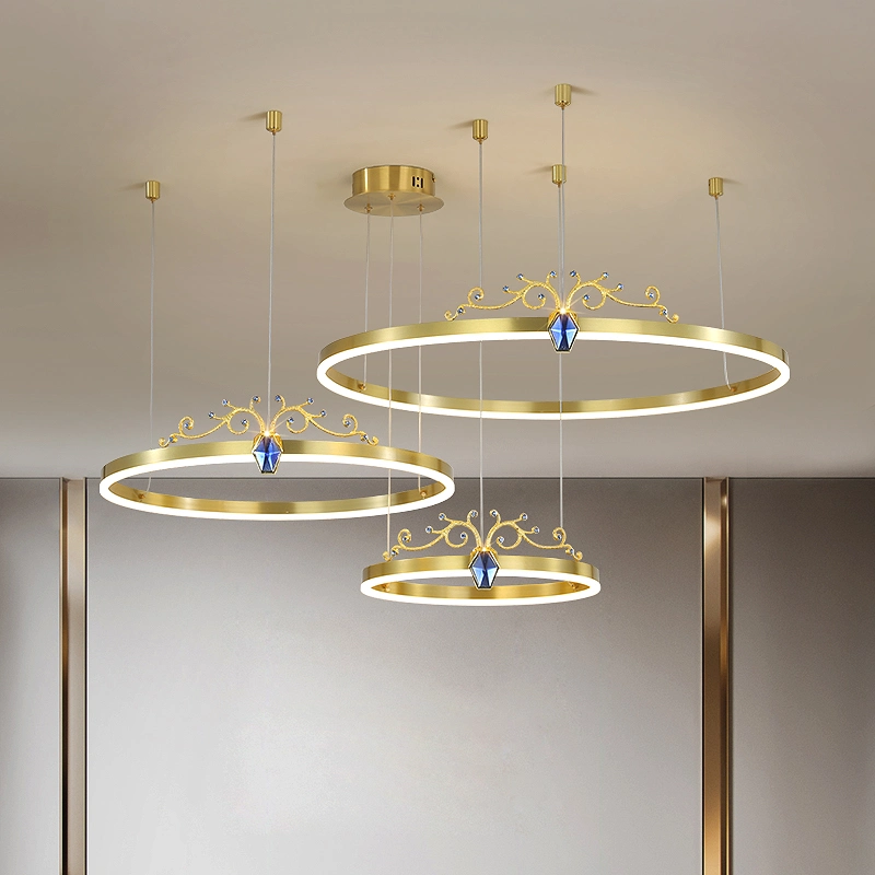 2022 simples suspenso forro decorativo luzes pendentes anéis circulares acrílico Candeeiro LED dourado e moderno