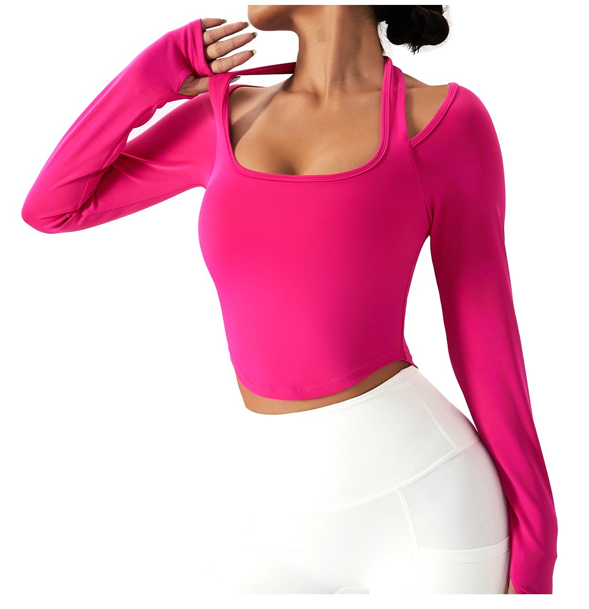 Новый дизайн Sexy Ropa De Yoga Apparel Lulu Style Long Sleeve Halter Neck Тренировка топов со встроенным бюстгальтером, спортивным спортивным топом повседневная одежда для бега для женщин