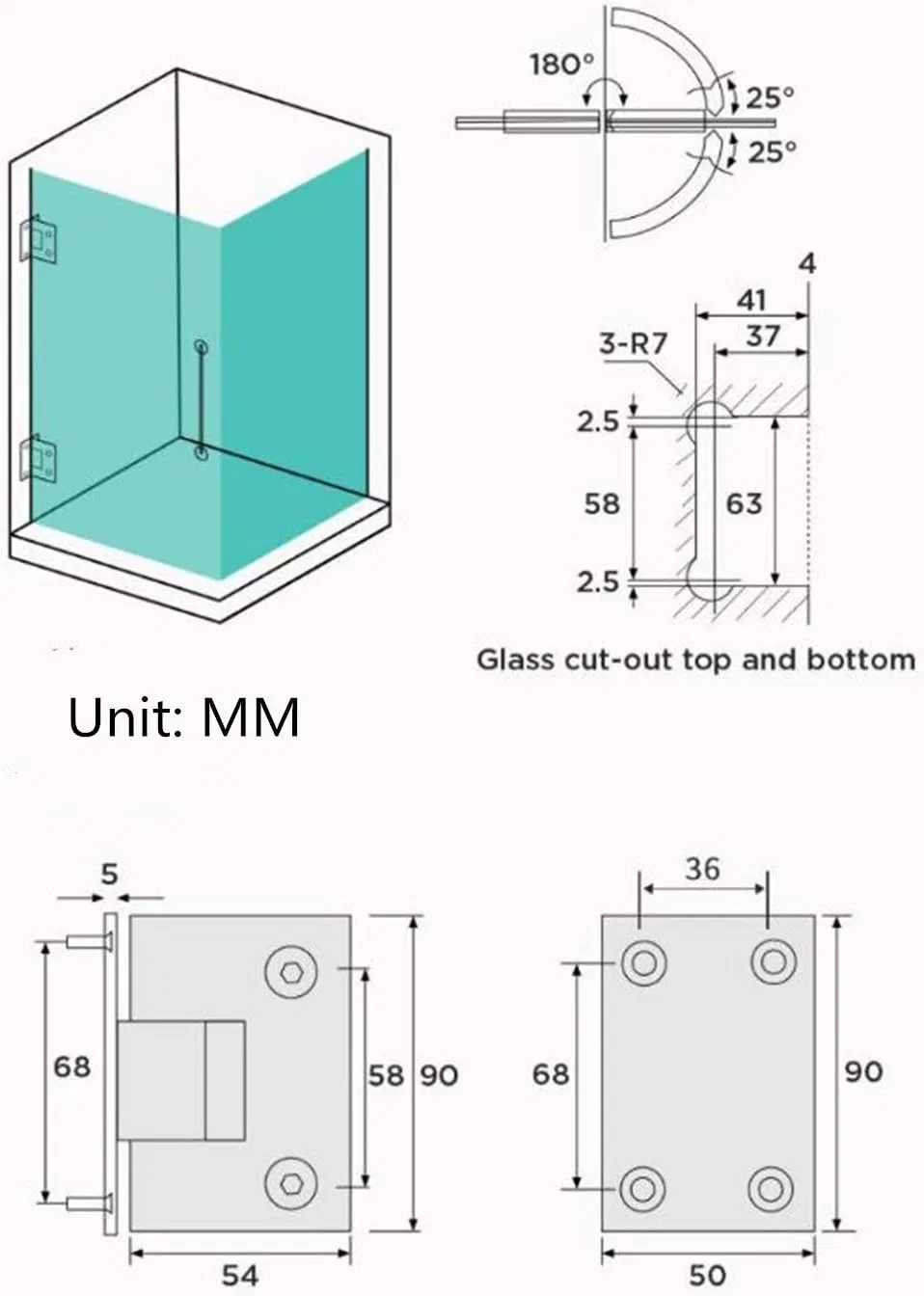 Bathroom Shower Glass Door Hinges Cabinet Cupboard Hardware Clamp Hinge