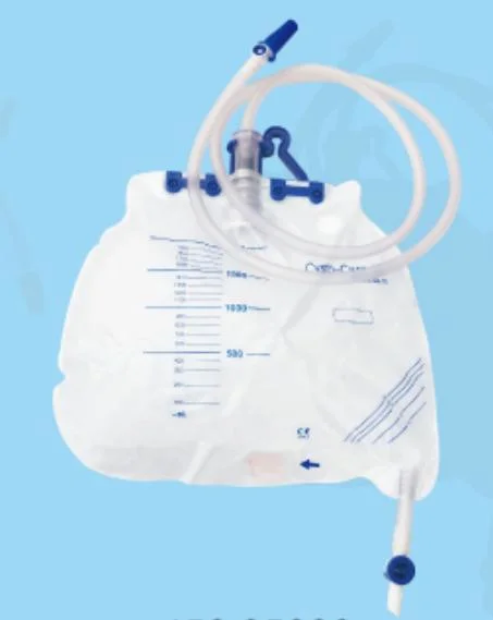 322 Shape, 2000ml Drainage Bag, with 120cm Inlet Tube, with Non Return Valve, Air Vent, Bed Sheet Clamp, Needleless Sampling Port, T-Tap Bottom Draining.