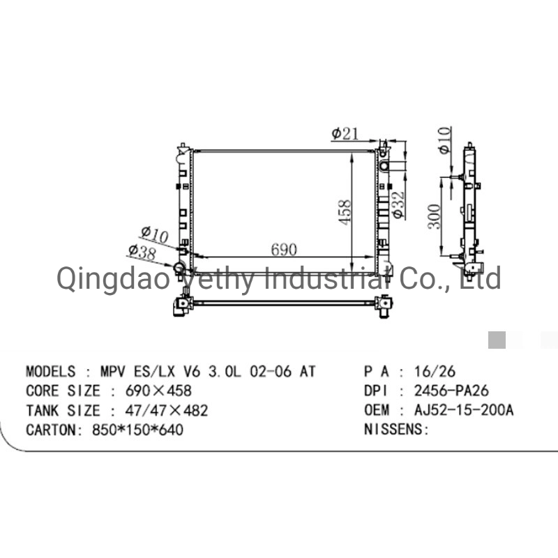Auto Parts Radiator Mazda MPV Es/Lx V6 Aj5215200A for Car Radiator