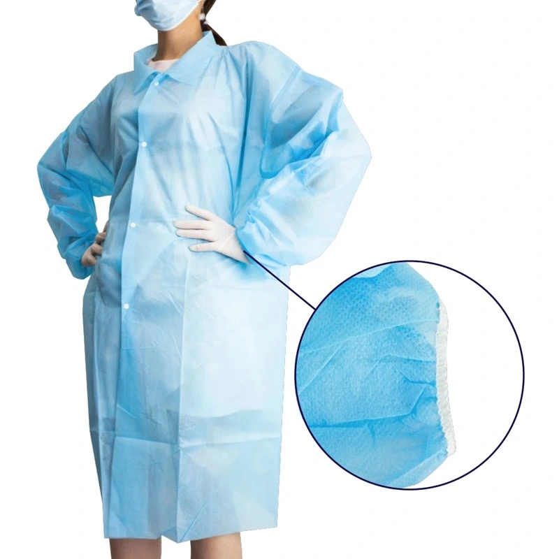 CE/FDA/ISO13489 Vestuario desechable de laboratorio SMS no tejido de capa de laboratorio Azul Con cuello de punto y bolsillos