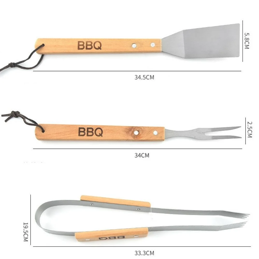 3-pièces en acier inoxydable, manche en bois Jeu d'outils pour Barbecue Barbecue Grill set spatule cuire Tongs Barbecue Barbecue personnalisée Outils réglés Wbb21870