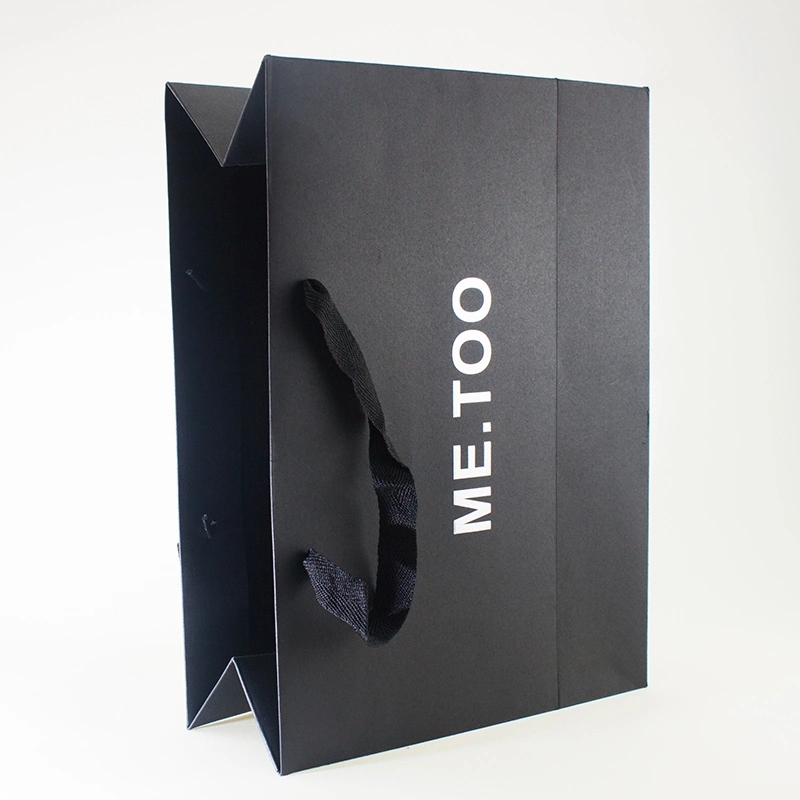 Factory Custom Printed Matte Black Paper Shopping Bag with Ribbon Handle Packaging Luxury Gift Paper Bag with Logo