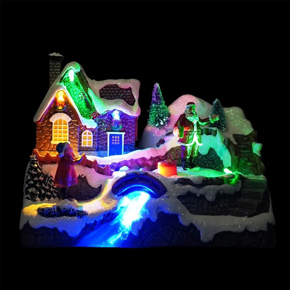 Resin Kerstdorp Xmas Santa Scene LED Light up Musical Animated Christmas Village for Seasonal Holiday Ornament