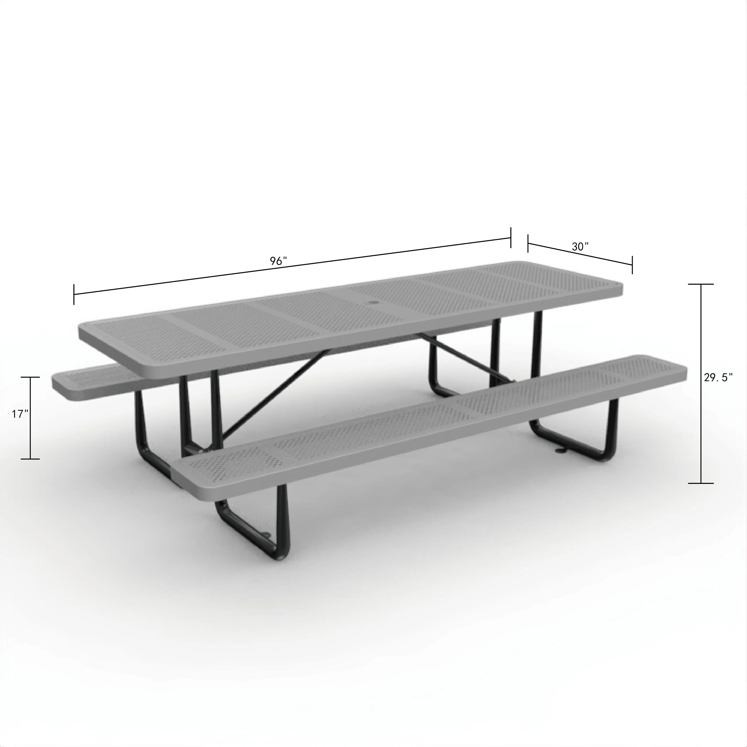 OEM 96" Outdoor Rectangular Picnic Table, Seaside and Curbside Public Metal Table and Chairs, Expanded Metal, Gray