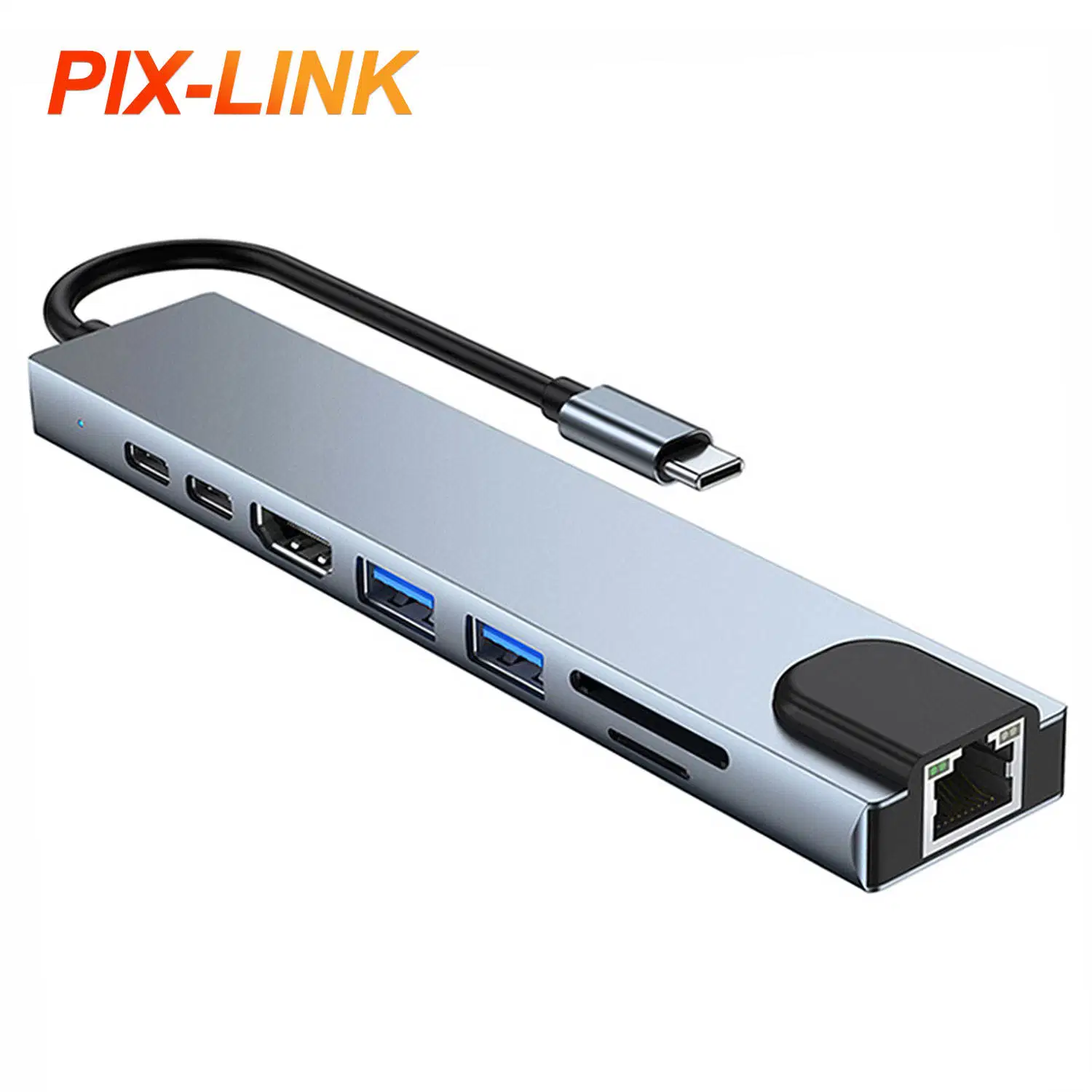 Pixlink 8 em 1 SD TF USB3.0 4K - novo tipo C Para RJ45 Matedock adaptador Ethernet carregue o hub USB