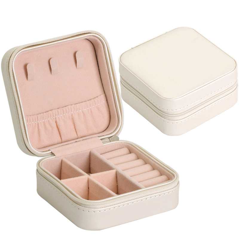 Boîte à bijoux de voyage en cuir en pu boîte de rangement carrée avec emballage Fermeture éclair