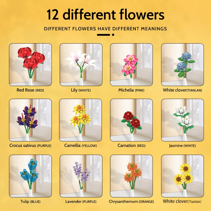 Woma Toys CPC Amazon Hottest Sale Customize Adult Decompression Toy Kids Moc Flower Rose Model Child Sunflower DIY Building Block Brick Set 12 Type Flower Toy