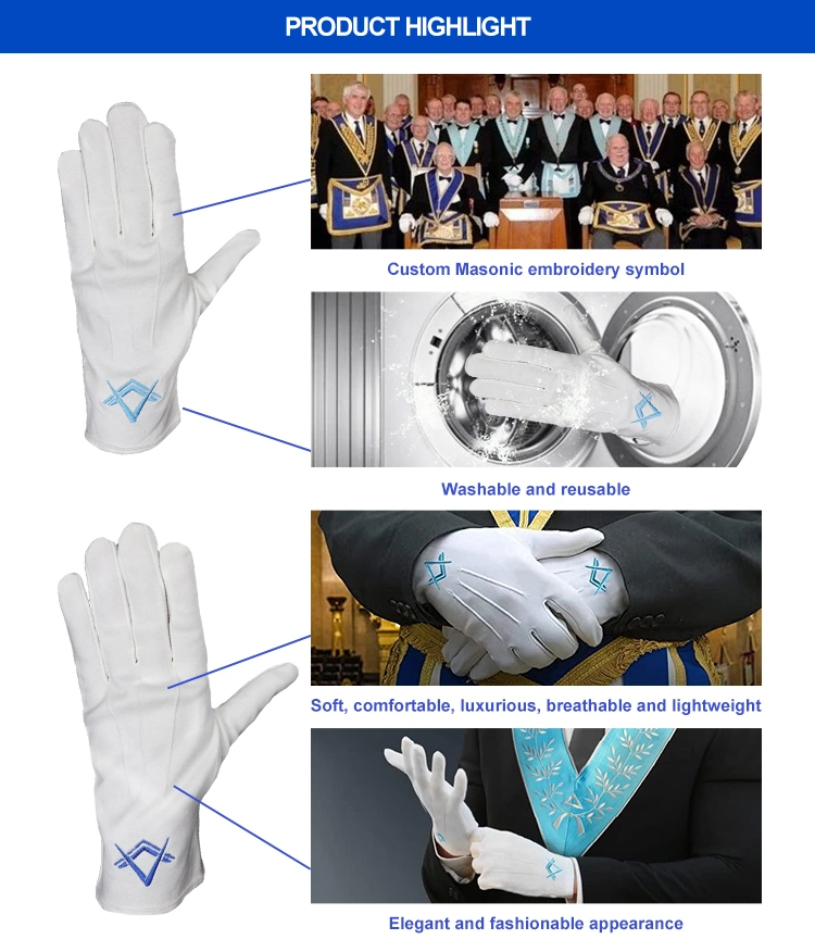 Blanc de haute qualité confortable réutilisable compas formelle léger carré bleu symbole maçonnique Cérémonies des gants de coton brodé