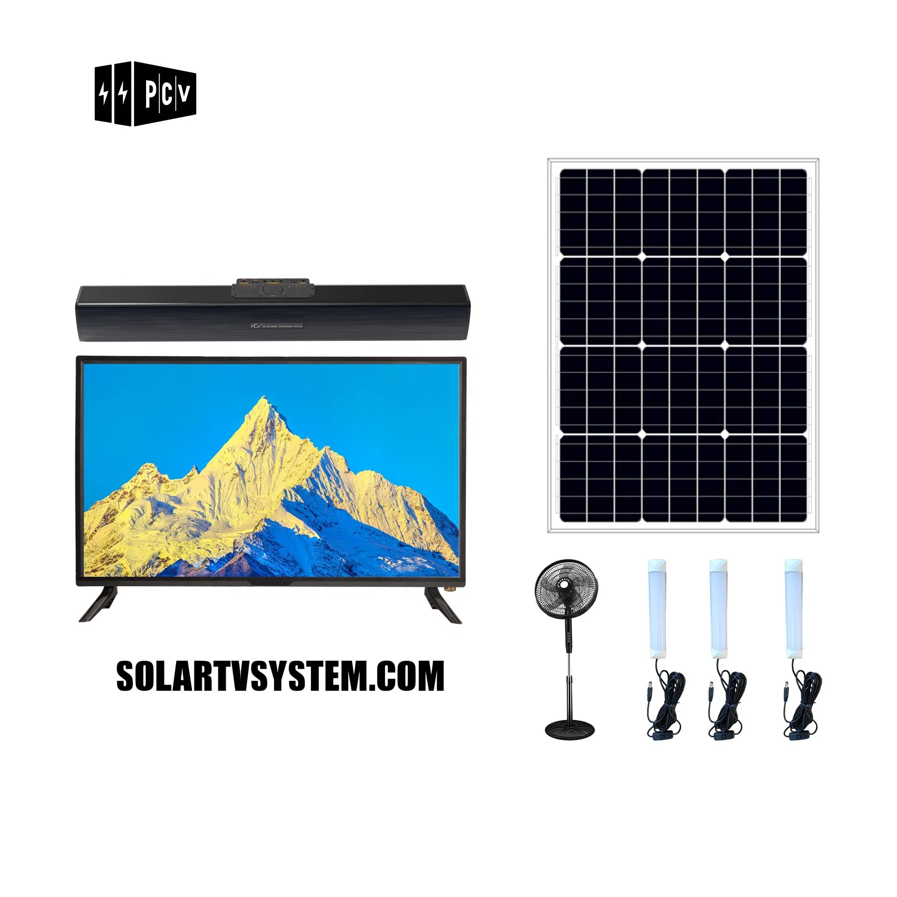 Pcv Meilleur Prix Solar Kit Audio &amp; Vidéo Système TV solaire pour la maison d'éclairage, DC et DC Fan TV