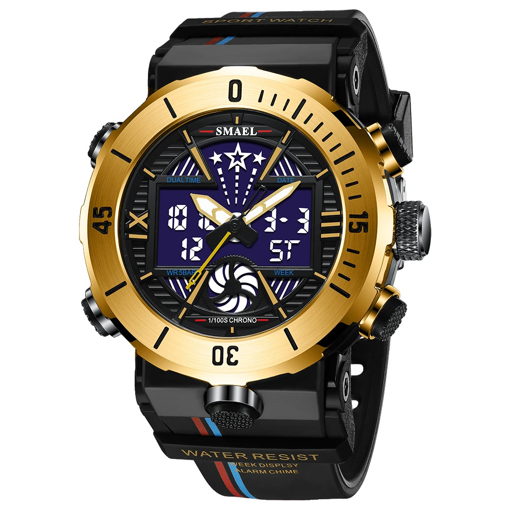 Gold New Alloy Sports Electronic Watch Men's Watch Multifunctional Waterproof Dual Display Electronic Watch Wholesale
