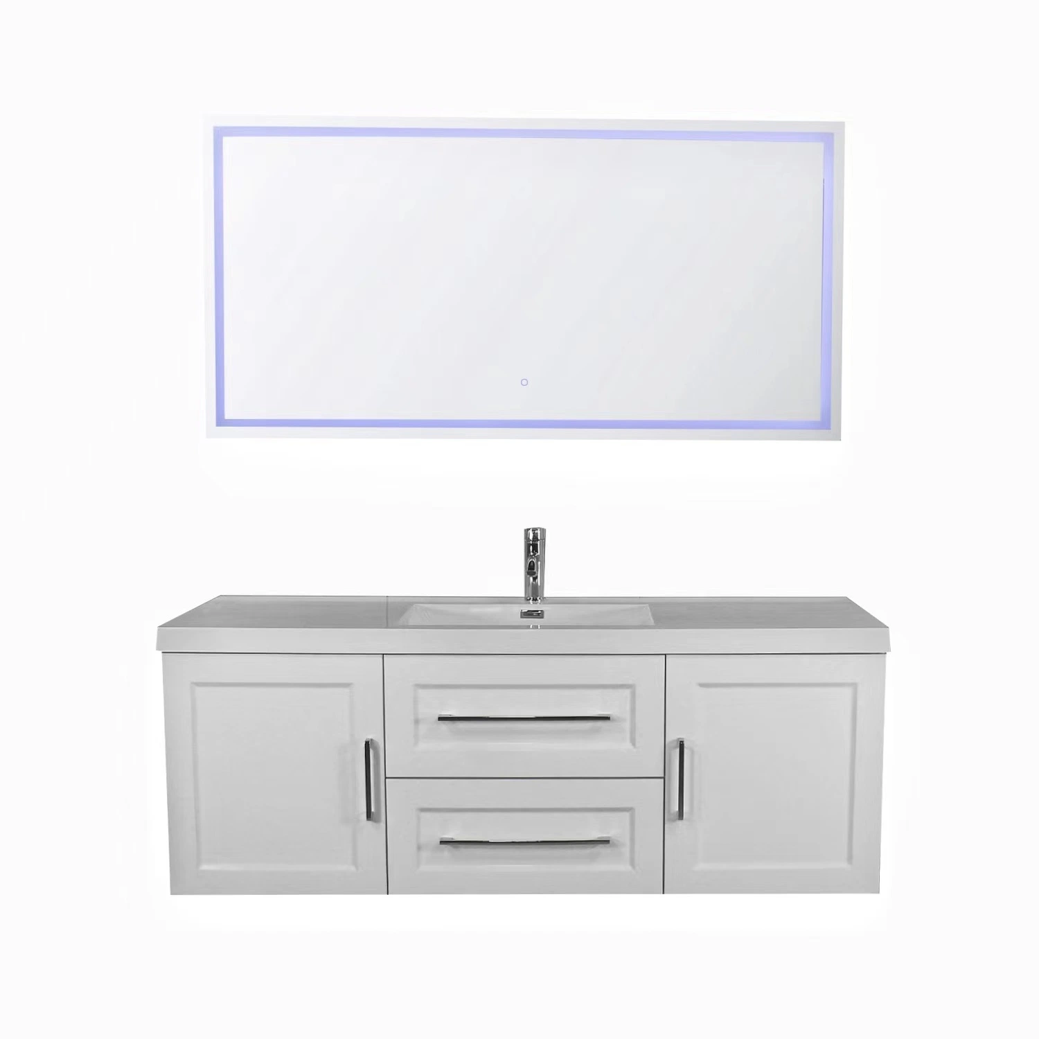 60 polegadas banheiro moderno Branco High Gloss Painting parede contraplacado Armário de móveis com unidade de toucador montada com espelho LED