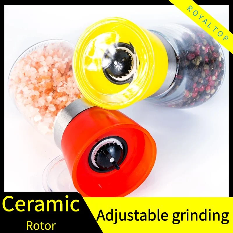 Professional Manual Plastic Cap Spice Grinder Adjustable Salt Pepper Mill with Refillable 6oz Glass Body