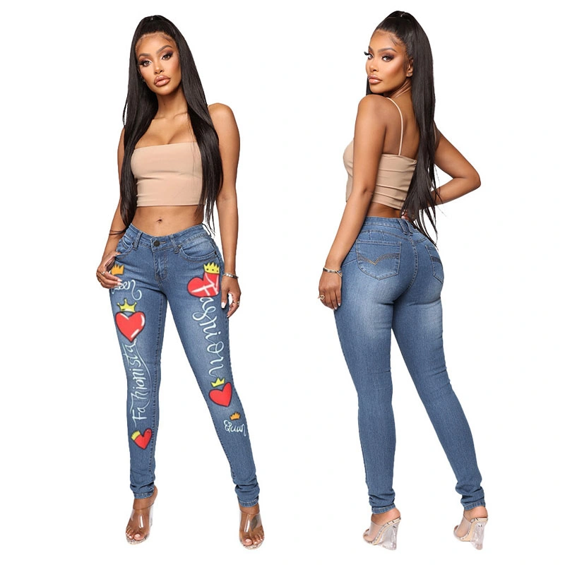 Hot Summer Women's Fashion All Match Tight Love Printed Jeans Female (CFJPFM-034)