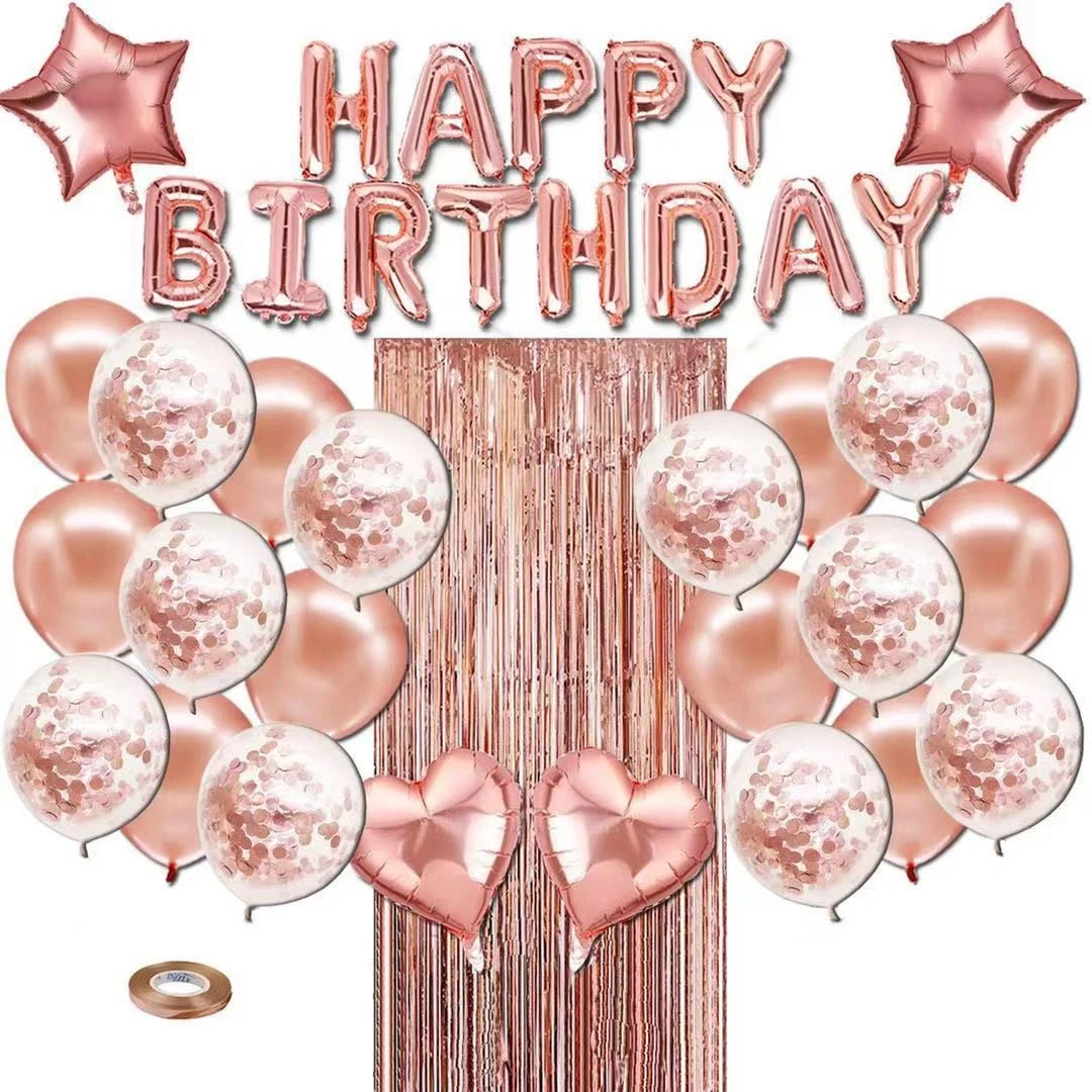 Rose Gold Girls Birthday Party Decorations Set Happy Birthday Letter Balloons, Metallic Balloons and Star Foil Balloons for All Ages