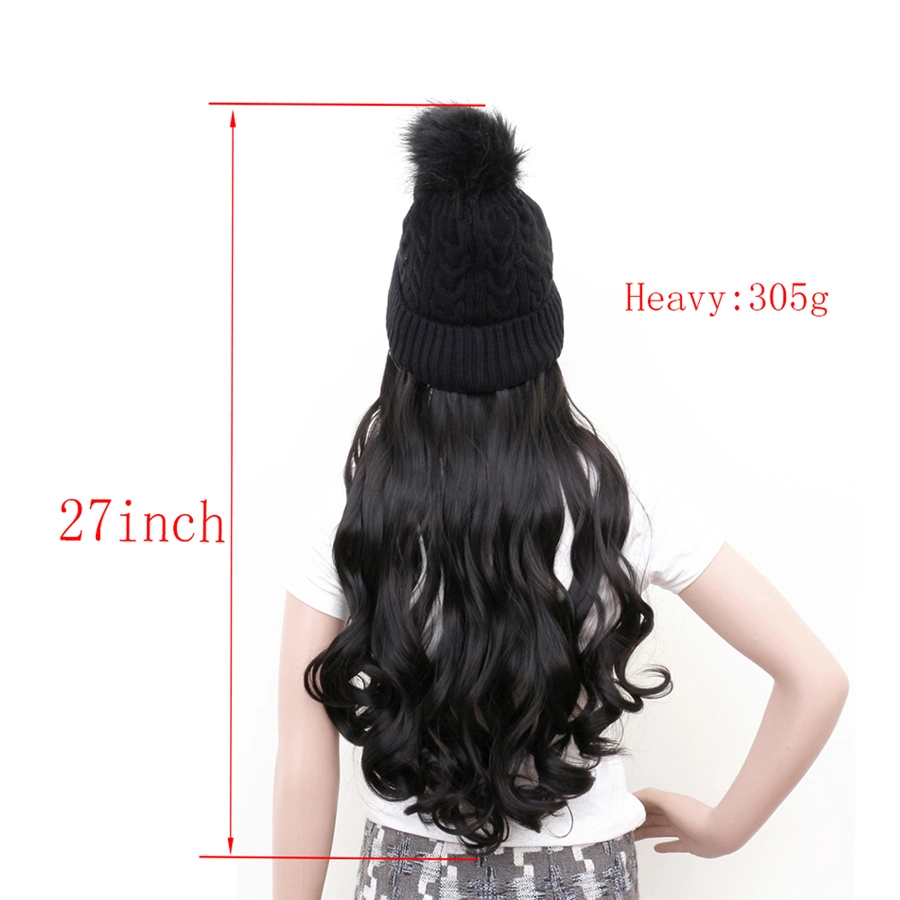 High quality/High cost performance  28inch Black Long Wig Hat Hair Synthetic Non-Detachable Knitted Hat Hair Extension for Women