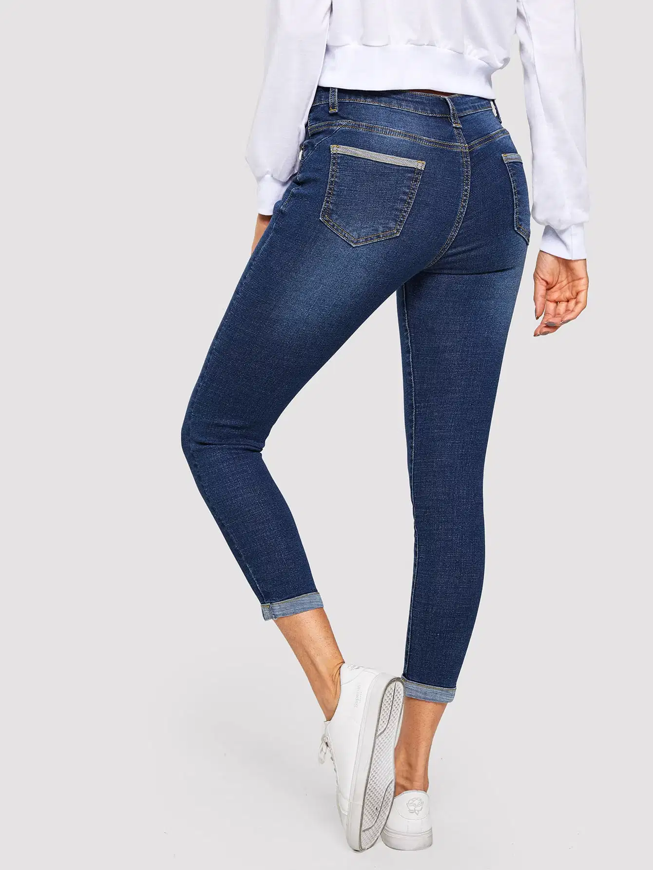 Con Cintura baja de mediados de-Azul cero y doble la parte inferior de la calidad de estiramiento Hem nueva moda Dama Jeans vaqueros Slim montaje