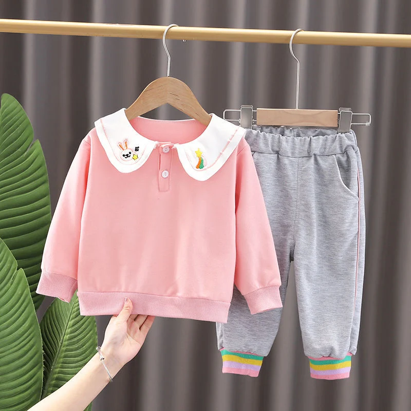 Children's Suit Female Small Children Cartoon Animal Big Flower Collar Top Rainbow Closure Trousers Spring and Autumn Female Baby Two-Piece Set