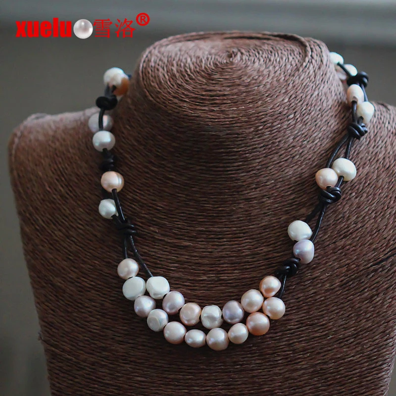Superbe Fashion Cuir véritable Collier de perles d'eau douce de gros (E130153)
