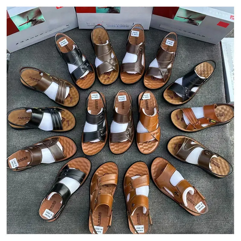 Mens Summer Trendy Slippers Cowhide Beach Shoes