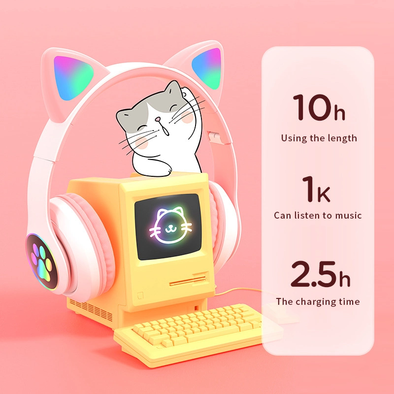 Cute LED Glowing Cat Ear Heavy Bass Stereo Wireless 5.0 Overhead Headphone with Mic for Childern Gift