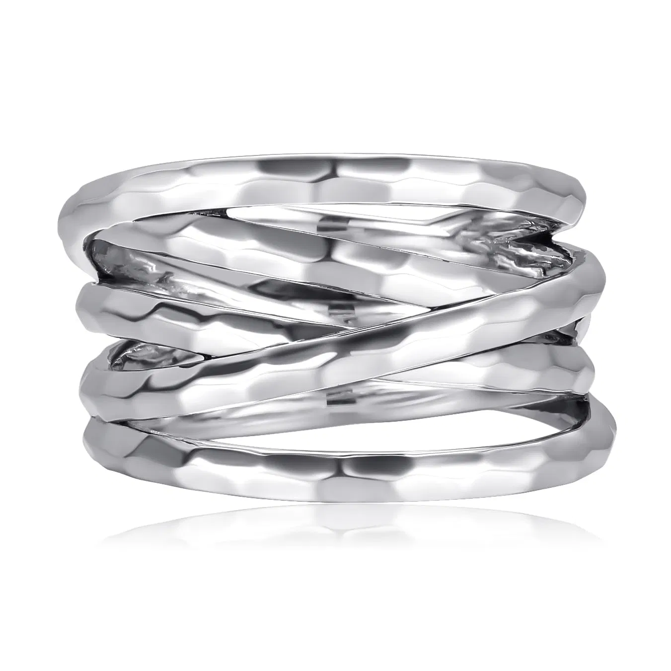 Women Hammer Design Brass Rhodium Plated Crisscross Overlapping Rings