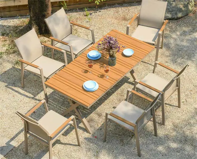 European Style Modern Luxury Dining Table Sets Outdoor Party Wooden Table Patio Furniture Textilene Garden Dinner Chair Sets