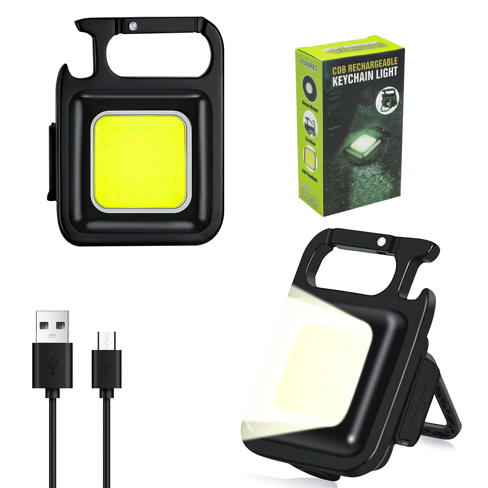 Mini Luz de trabajo portátil de bolsillo de COB recargable USB 3 Modos de luz brillante llavero Luz para Camping